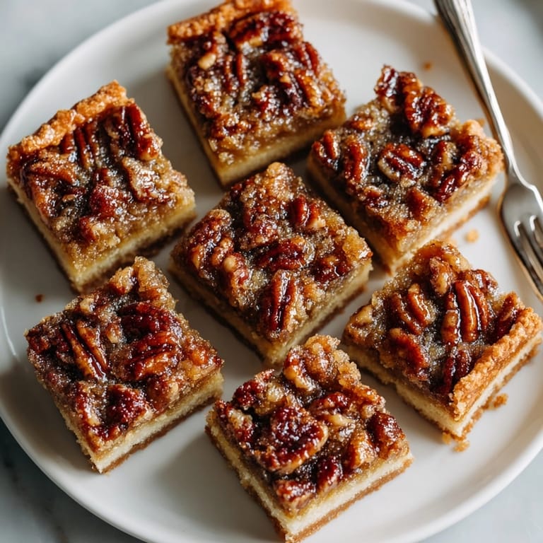 Festive Bourbon Pecan Pie Bars on a rustic table, ready for holiday dessert with whipped cream