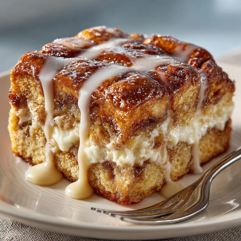 Close-up of warm Cinnamon Roll French Toast Casserole, swirled with cinnamon and creamy drizzle.