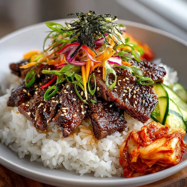 Juicy Korean BBQ Beef Bowl with Pickled Vegetables, garnished with sesame seeds and green onions.