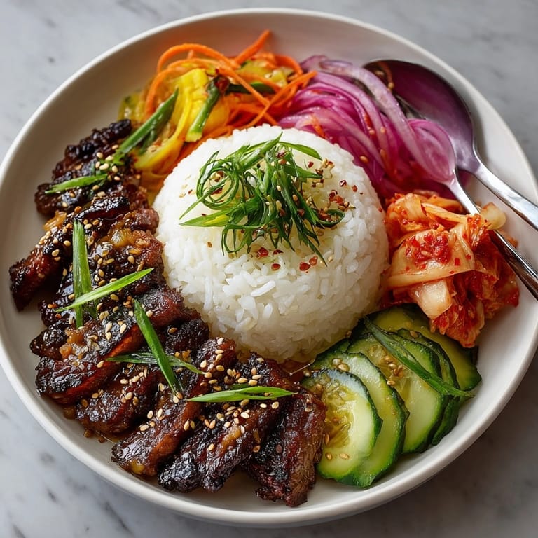 Colorful Korean BBQ Beef Bowl with Pickled Vegetables and kimchi, perfect for a homemade main dish.