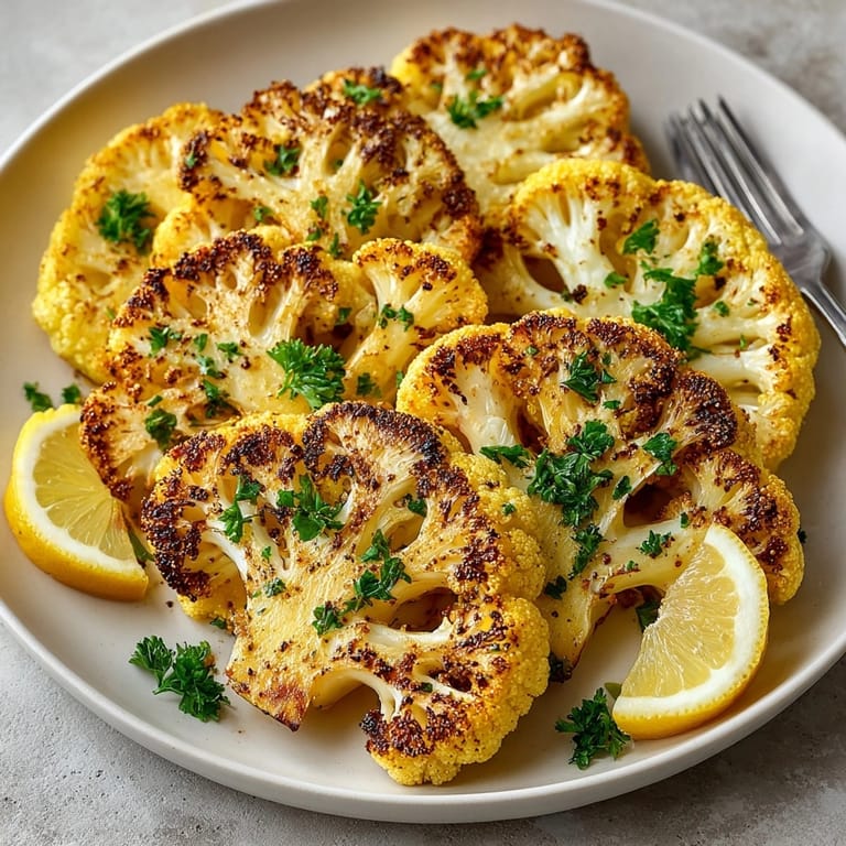 Close-up of golden turmeric cauliflower steaks on a baking sheet, edges caramelized, ready to serve.