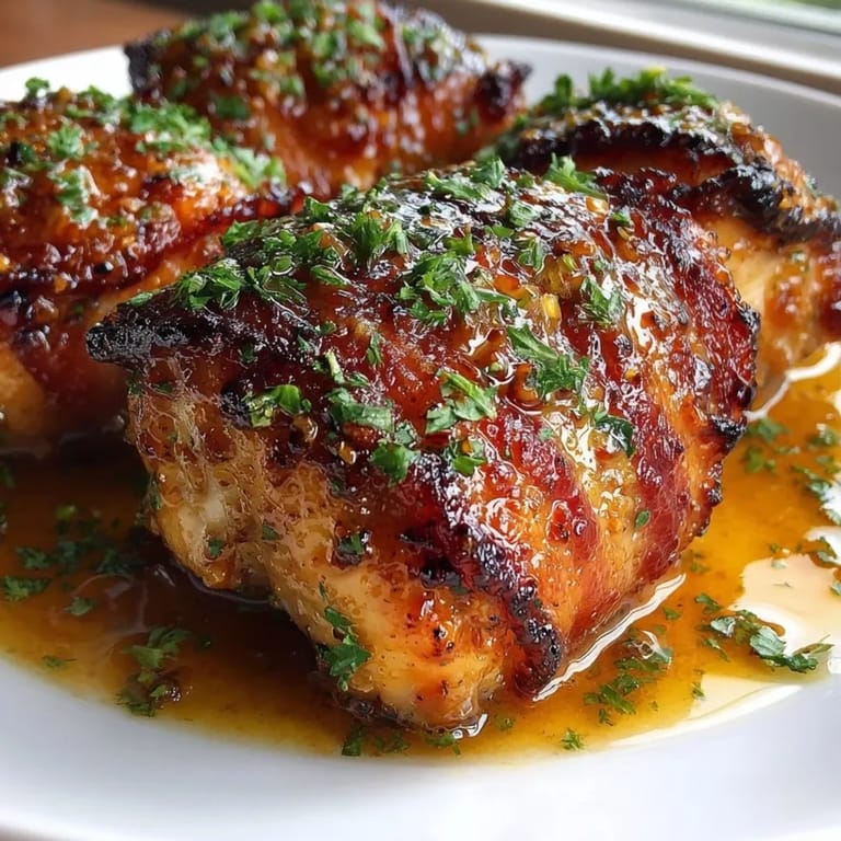 Crispy bacon wrapped honey mustard chicken thighs sizzling from the oven, ready to serve