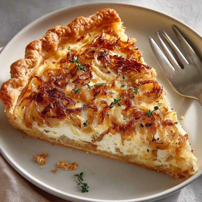 A slice of caramelized onion and Gruyere tart with melting cheese and glossy, sweet onions atop.