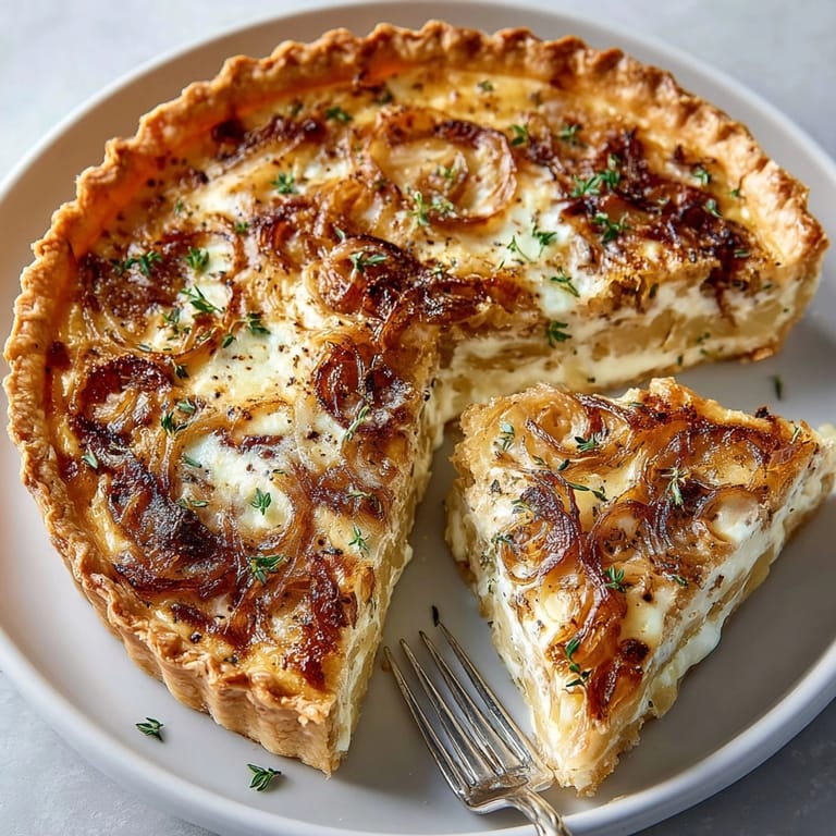 Caramelized Onion and Gruyere Tart garnished with fresh thyme, ready for brunch or light dinner.