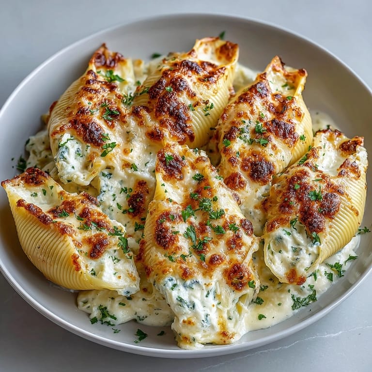 Close-up of pumpkin Alfredo stuffed shells with ricotta filling and a silky homemade Alfredo sauce.