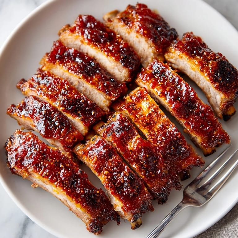 Close-up of succulent grilled baby back ribs, basted in tangy BBQ sauce and ready to eat.