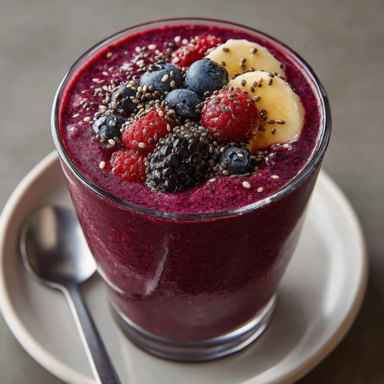 Creamy Purple People Eater Smoothie blending frozen berries, banana, almond milk and a touch of sweetness.