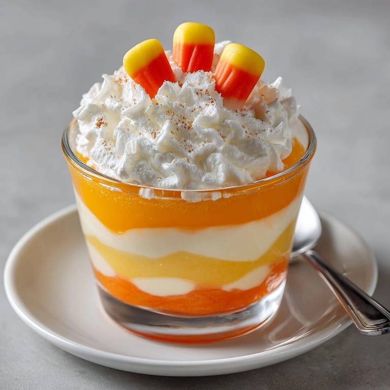 Close-up of festive Candy Corn Jello Parfaits, showcasing vibrant colors in clear glass.