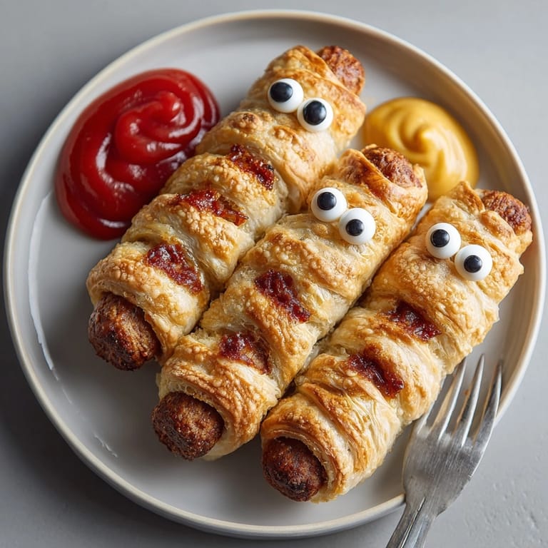Flaky vegan pastry swaddles savory plant-based sausages, festive Halloween Vegan Mummy Dogs.