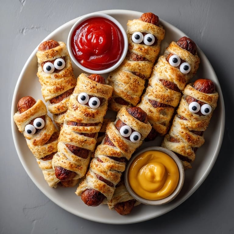Close-up of baked Vegan Mummy Dogs: crisp pastry, candy eyes, scary-delicious fun.