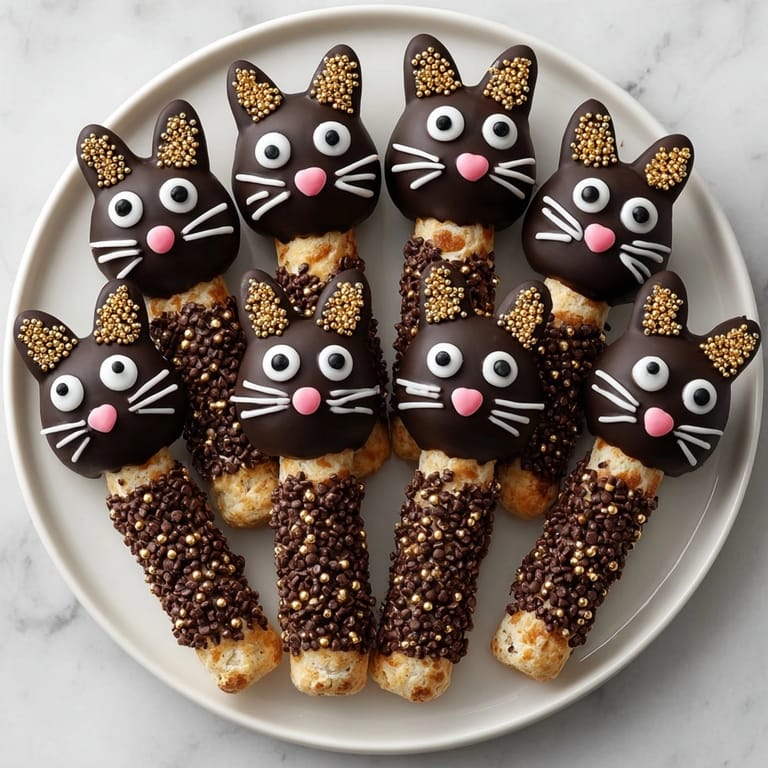 Homemade Black Cat Pretzel Rods—rich, chocolatey, and whimsically decorated for a Halloween dessert staple.