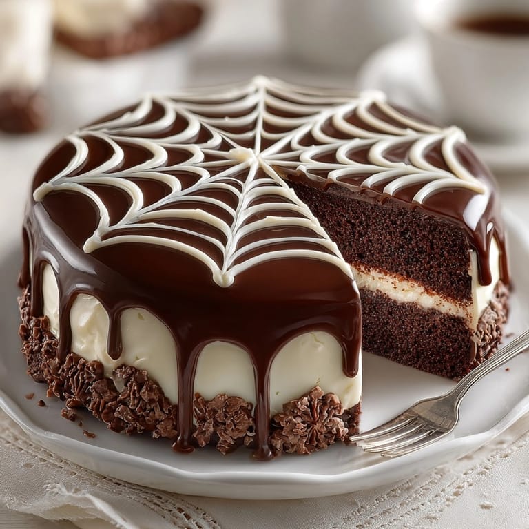 Decadent Chocolate Spiderweb Cake with smooth ganache beckons, ready for Halloween dessert.
