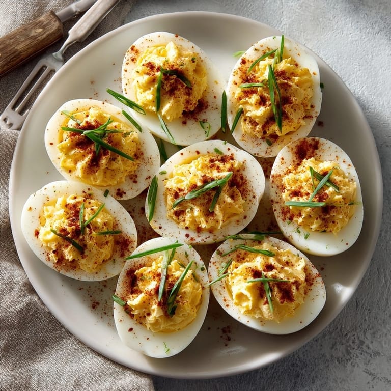 Homemade Ghost Pepper Deviled Eggs, a fiery twist—tangy, creamy, and garnished with fresh chives.
