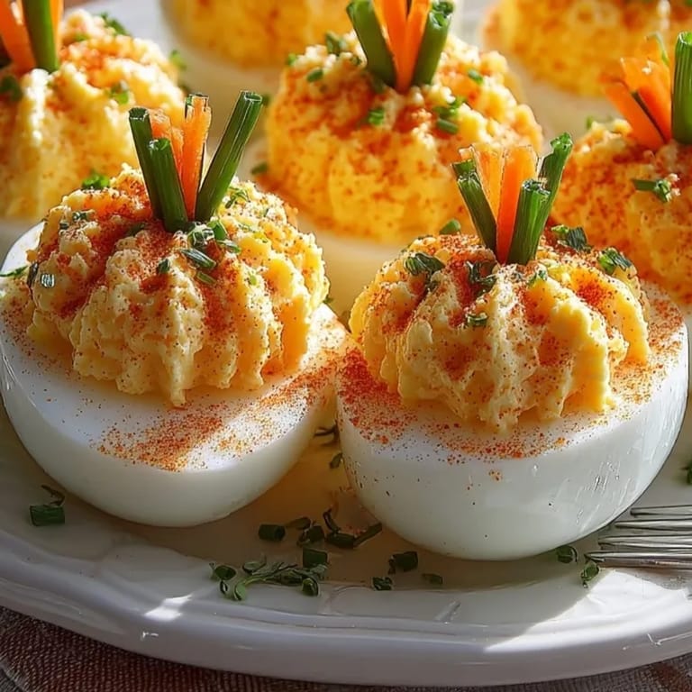 Close-up of vibrant Jack-o'-Lantern Deviled Eggs, chive stems creating charming pumpkin details.