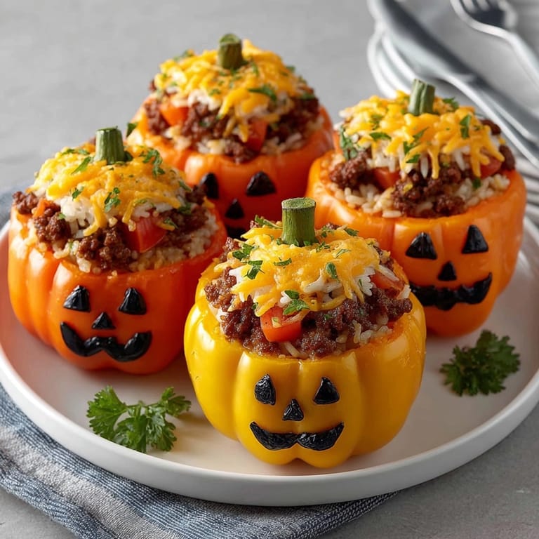 Homemade Jack-o'-Lantern Stuffed Bell Peppers, perfect for autumn, with visible tender filling.