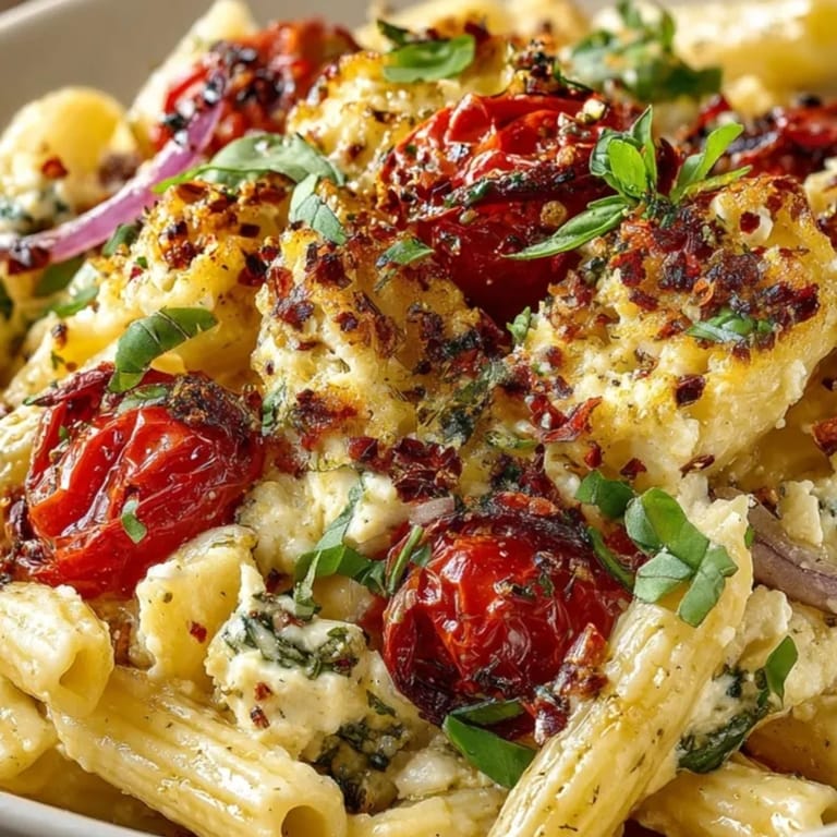 Oven-baked feta pasta with sweet, blistered tomatoes, topped with vibrant basil, ready for a quick dinner.