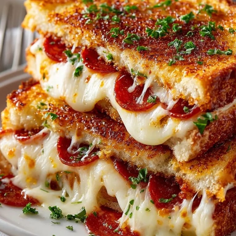 Stacked Pizza Grilled Cheese recipe, dripping with savory pepperoni, ready to be sliced and enjoyed.