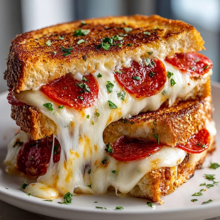 Close-up of a cheesy Pizza Grilled Cheese sandwich, perfectly browned and sprinkled with fresh basil.
