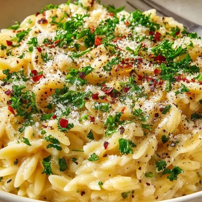 Golden, comforting Creamy Garlic Parmesan Orzo, garnished with fresh parsley, ready to serve.
