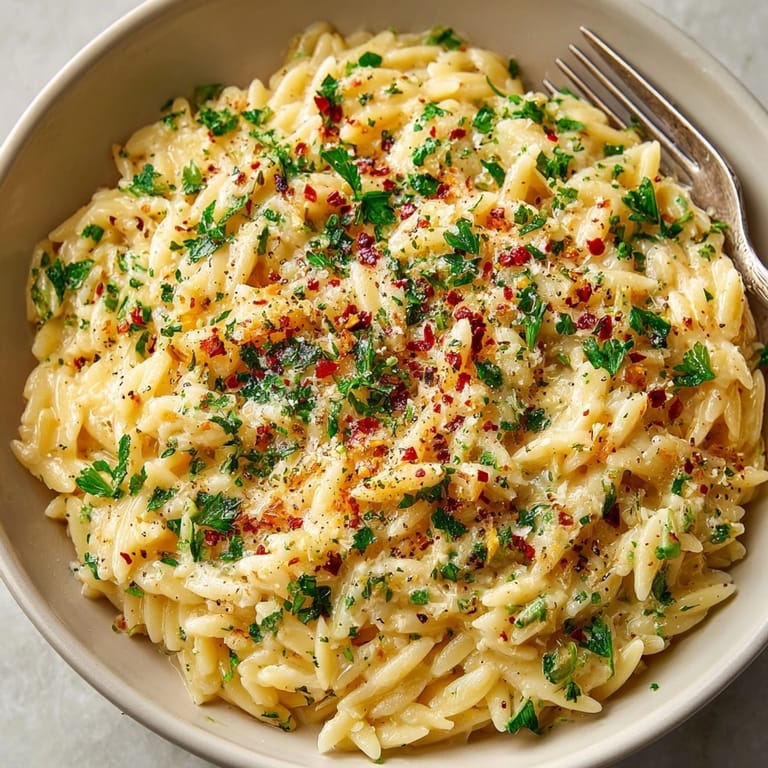Savory Creamy Garlic Parmesan Orzo recipe &ndash; a cheesy, smooth pasta dish, quick and easy.