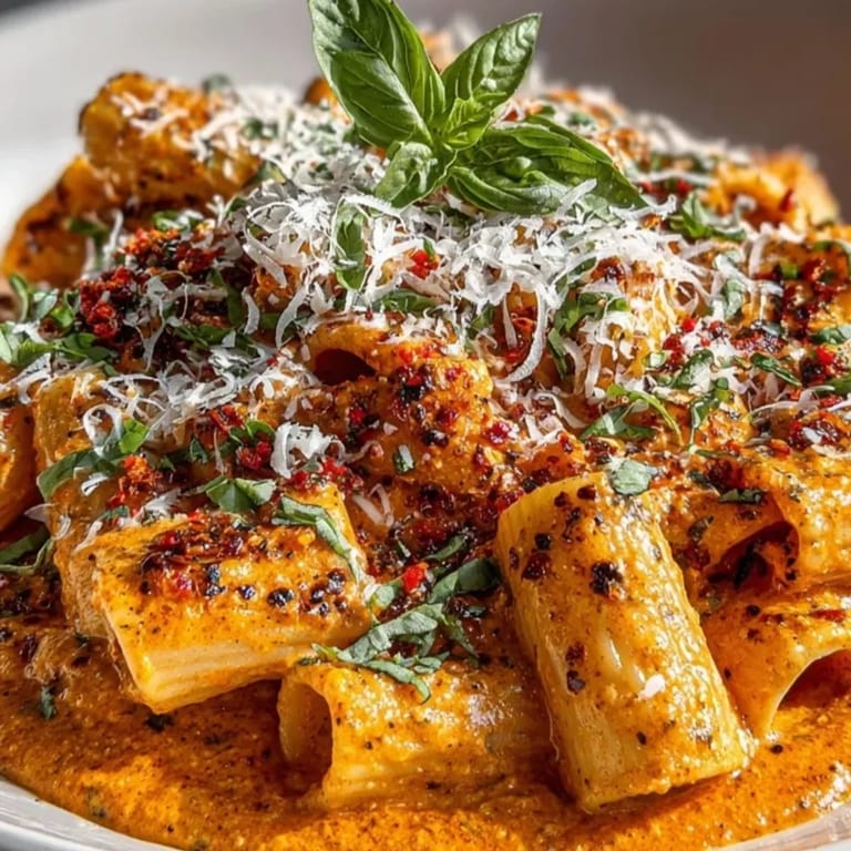 Close-up of vibrant Spicy Vodka Pasta Express, ready to serve on weeknights.