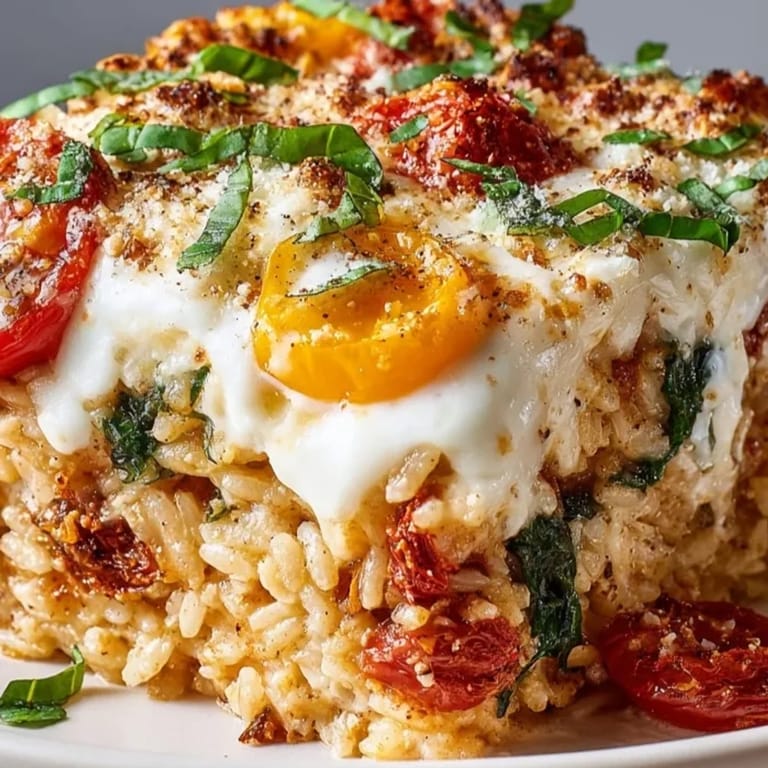 Cheesy Sun-Dried Tomato Orzo Bake with visible herbs, a rustic and inviting casserole.