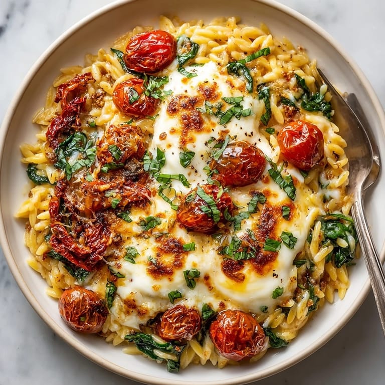 A warm spoonful filled with creamy Sun-Dried Tomato Orzo Bake, ready to enjoy.