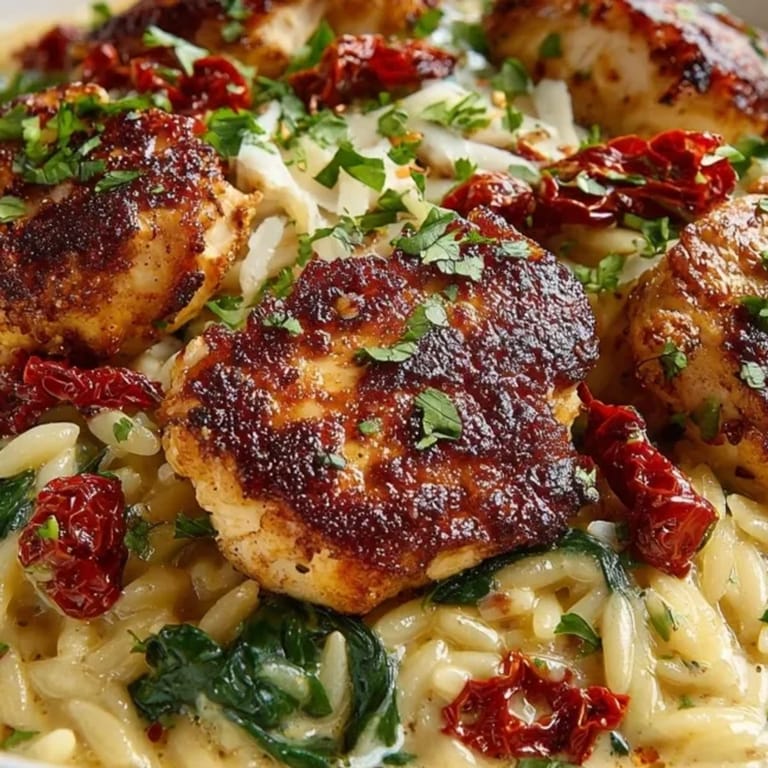 Close-up of One-Pan Marry Me Chicken Orzo with fresh basil, ready to serve.
