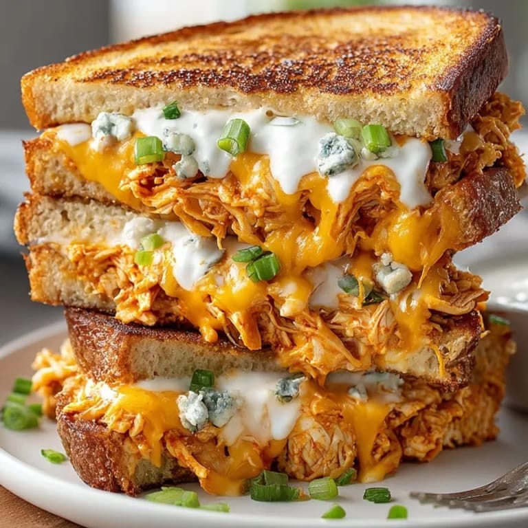 Crispy Buffalo Chicken Grilled Cheese, a spicy, savory sandwich ready to be dipped in ranch.
