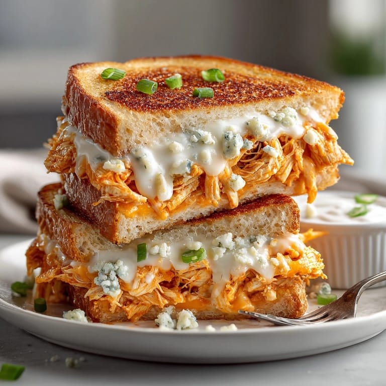 Mouthwatering Buffalo Chicken Grilled Cheese: toasted sourdough filled with buffalo spiced chicken and cheese.