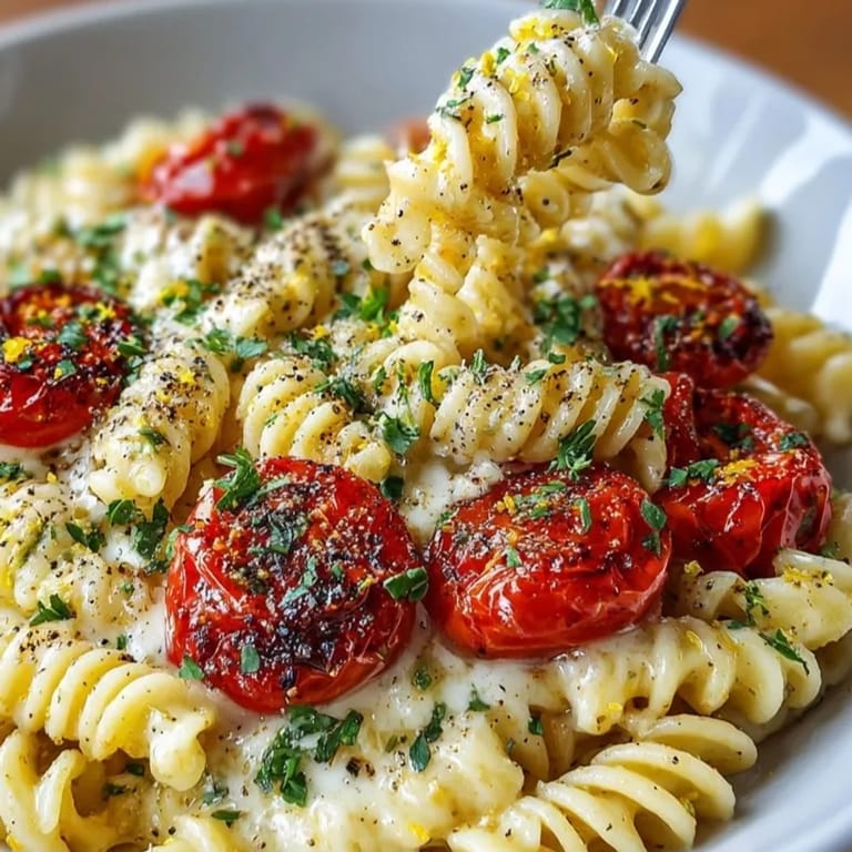 Close-up of Boursin Cheese Pasta: vibrant roasted tomatoes mingling with cheesy sauce, ready to serve.