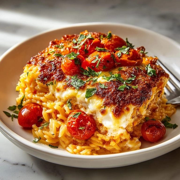 A warm and comforting serving of tomato basil baked orzo, garnished with fresh basil.