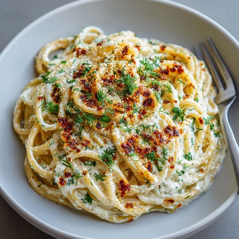 Easy Turkish Yogurt Pasta recipe, plated with fresh dill against a soft, natural light.