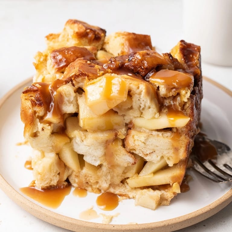 Warm, gooey Caramel Apple Breakfast Bake with soft bread, apples, and caramel drizzle.