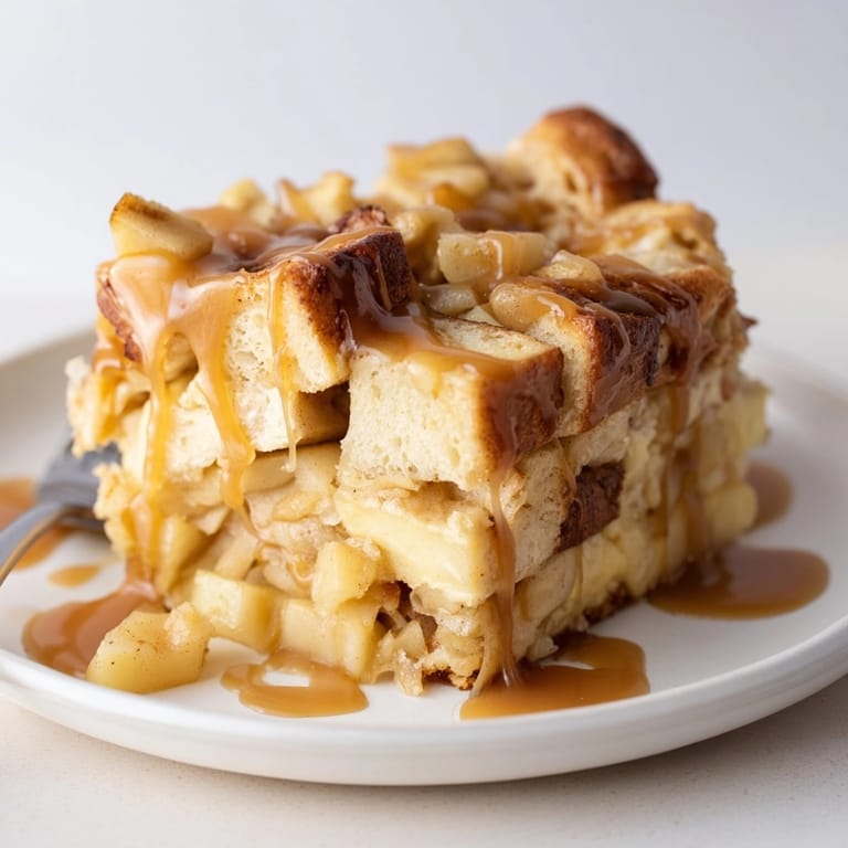Close-up of a slice of delicious Caramel Apple Breakfast Bake with flaky crust.