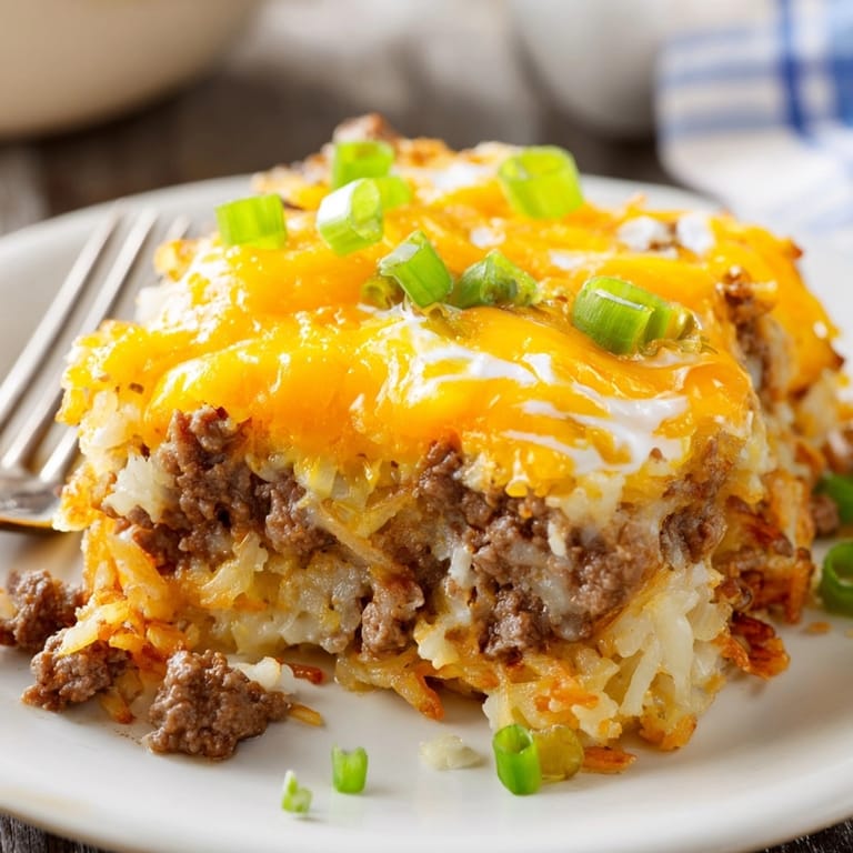 Creamy Cheeseburger Hash Brown Casserole, a comforting layer of beef, cheese, and potatoes.