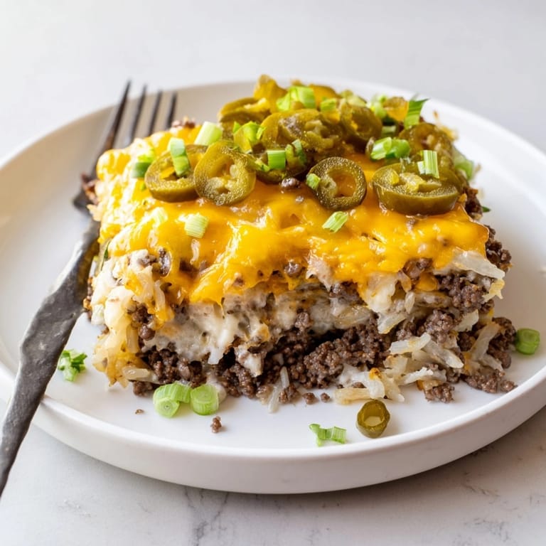 Close-up of a flavorful Cheeseburger Hash Brown Casserole, featuring melted cheddar and savory beef.