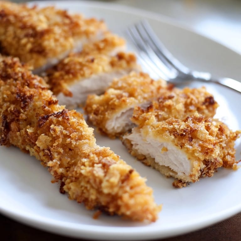 Homemade crunchy Pickle-Brined Chicken Tenders with savory herbs, best enjoyed fresh and warm.