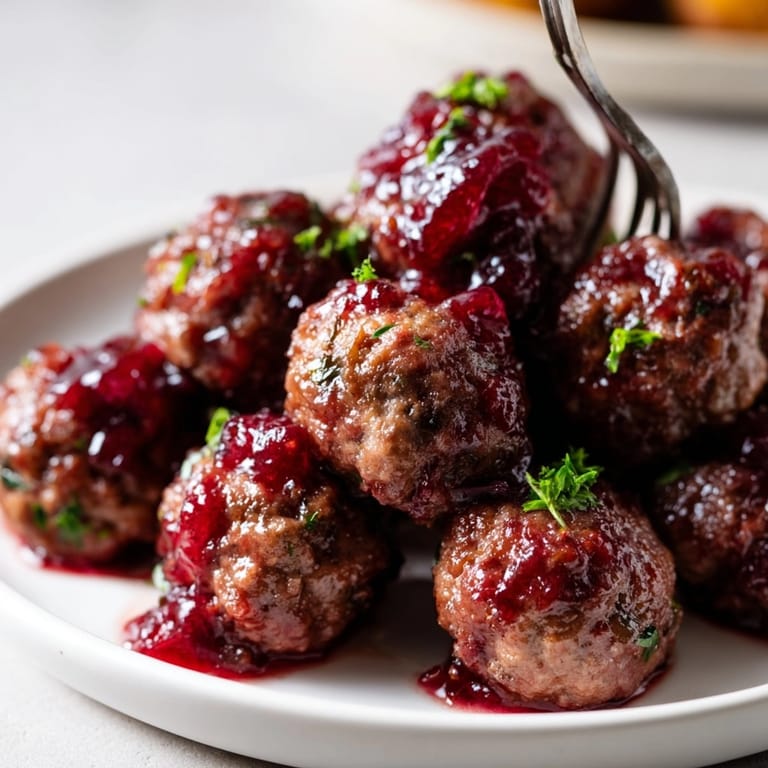 Heap of Sweet & Savory Cranberry Meatballs, glistening sauce, garnished with fresh, green parsley.