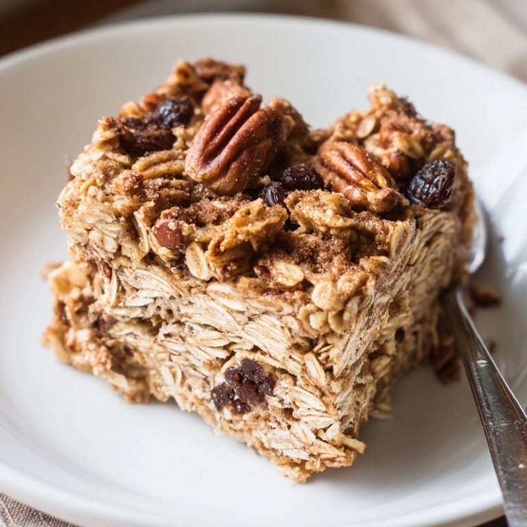 Easy recipe for American Cinnamon Swirl Baked Oatmeal, showing prepared batter being swirled before baking.
