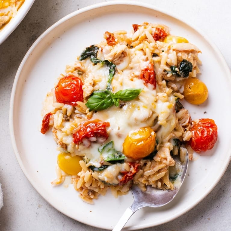 Warm, savory Sun-Dried Tomato Orzo Bake: creamy baked pasta with bright Mediterranean flavors.