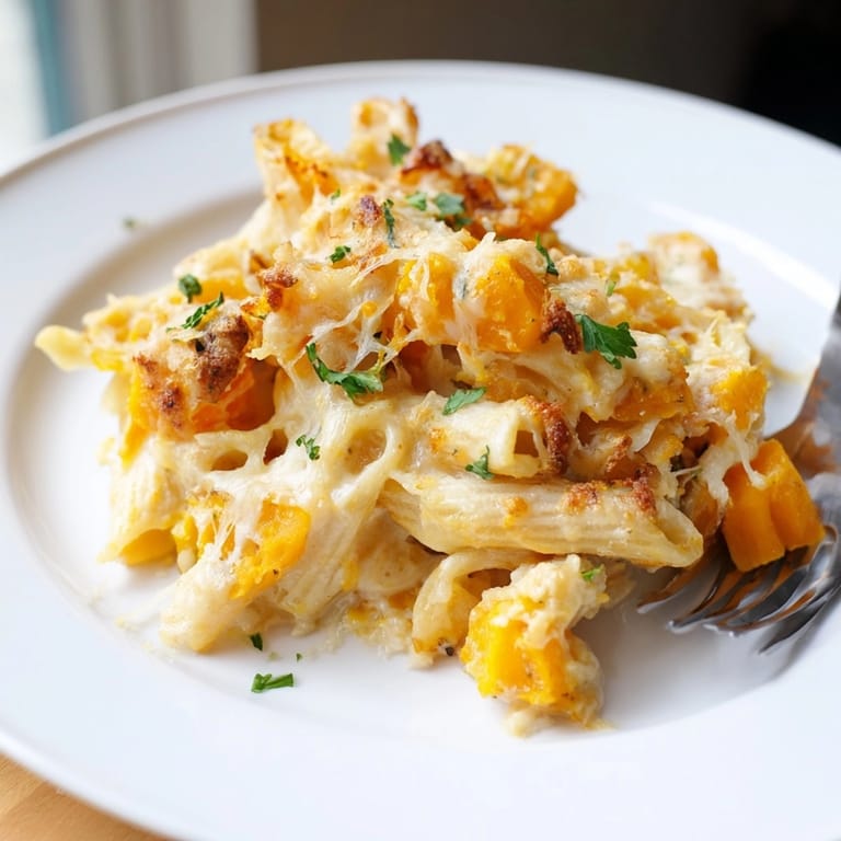 Creamy Alfredo Butternut Squash Pasta Bake: Penne pasta, rich sauce, and roasted squash.