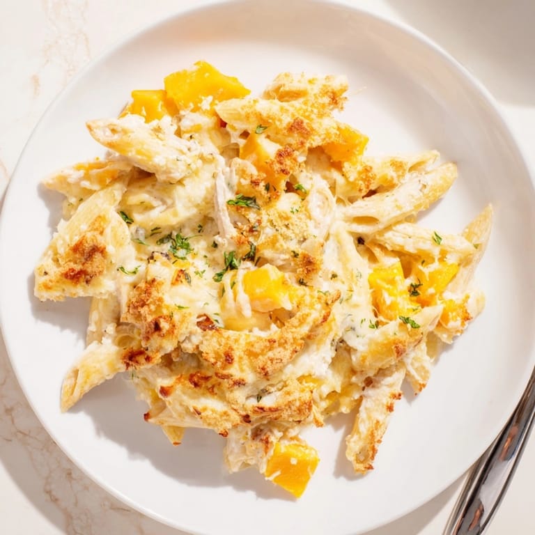 Homemade Alfredo Butternut Squash Pasta Bake ready to serve; cheesy, cozy, and delicious.