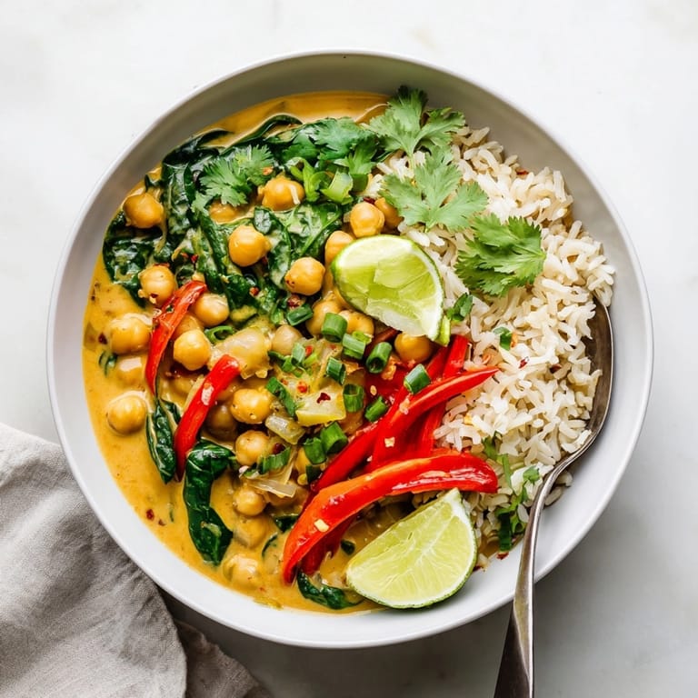 Simmered chickpeas in coconut milk Thai Red Curry Chickpea Bowls over fragrant jasmine rice.
