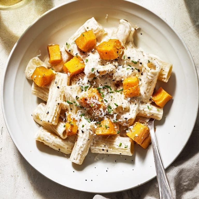 Savory Creamy Miso Fall Pasta with Roasted Squash, comforting, delicious, and ready to serve.