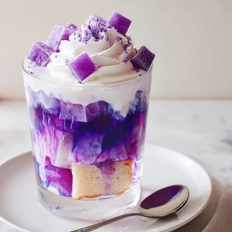 Ube Milk Jelly Trifles: Silky milk jelly swirled with ube in elegant trifle glasses.