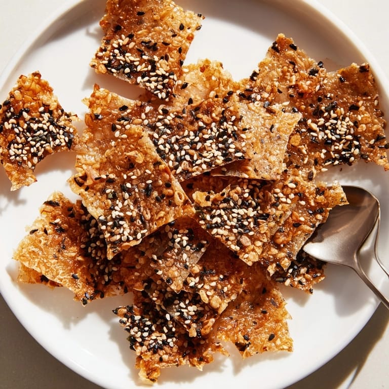 Close-up of crunchy Seaweed &amp; Sesame Rice Crisps, sprinkled with seeds and seaweed flakes.