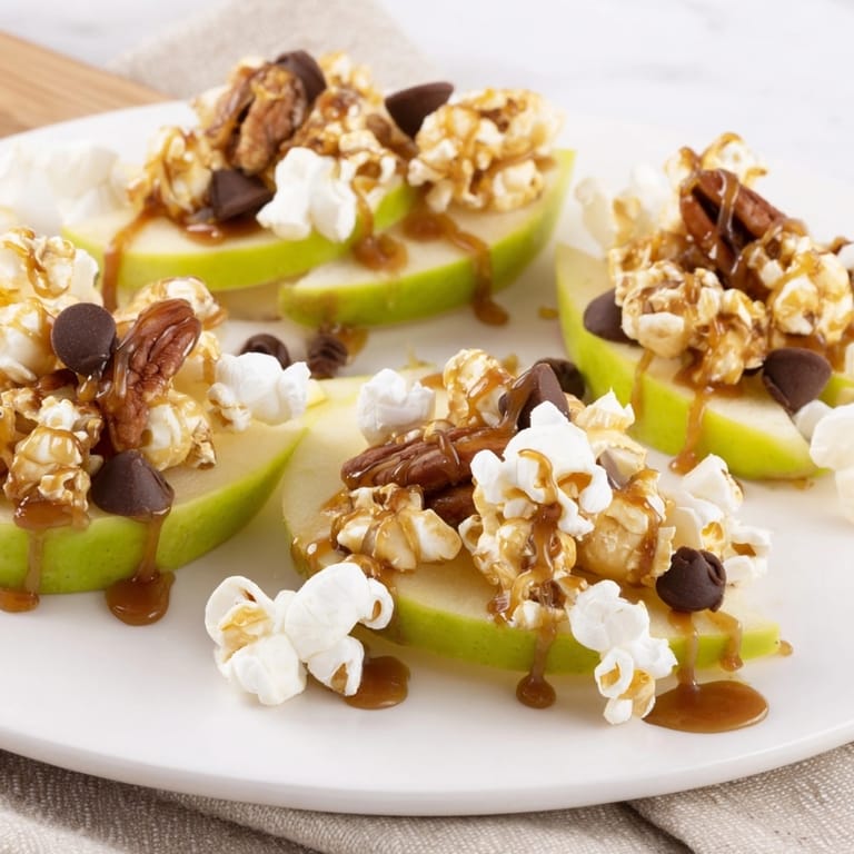 Crisp apple slices generously topped with homemade Caramel Popcorn Apple Nachos, an irresistible dessert.