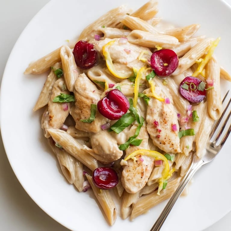Colorful Cherry Jalapeño Chicken Pasta in a creamy sauce, perfect for summer dinners.