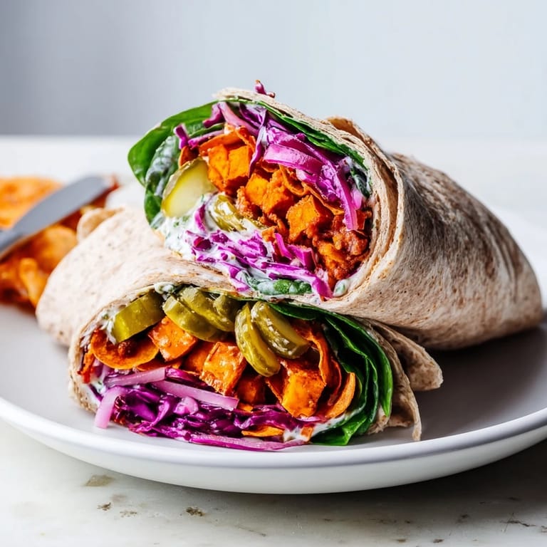 Delicious sweet potato and pickle chip wraps, perfect for a light and tasty lunch.